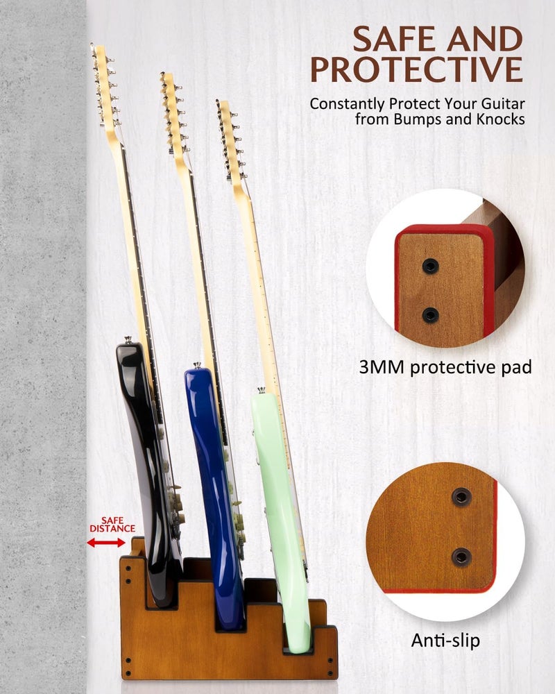 STRICH Wooden Guitar Stand for Multiple Guitars, 3-Holder, Front Display Space-Saving Floor Guitar Rack for Home, Studio, Stage, Mahogany Color, L-3EM (For 3 Electric/Bass) - Image 4